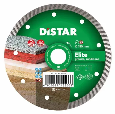 Imagen del producto de Disco de corte diamantado Distar, modelo Elite, 150 x 2,2 x 22,23 mm, Turbo: alto rendimiento y velocidad para cortes precisos en materiales duros y resistentes como cerámica y granito