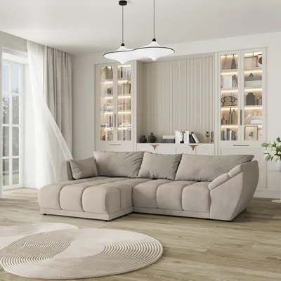 Produktbild von Masseno Ecksofa ORENTI L-S mit Schlaffunktion L-Form, Sofa mit Bettkasten, Wohnzimmersofa, Couch, Soffa, Bettsofa, Couchgarnitur- Beige, MATT VELVET 09