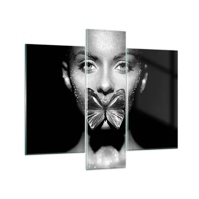 Produktbild von Bilder auf glas - 3 Teile - Frau Schmetterling Mund - 95x80cm - Glasbilder - Wandbilder - Bilder - zum Aufhängen bereit - Wanddekoration aus Glas - Glas Bilder - Wandbild auf Glas - GCB95x80-4637