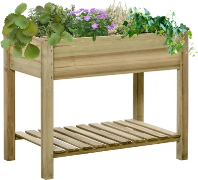 Image de Jardinière surélevée en bois - Bac à plantes sur pieds/table de culture - Avec tablette - 91 x 51 x 76 cm - Pour le jardin et le balcon
