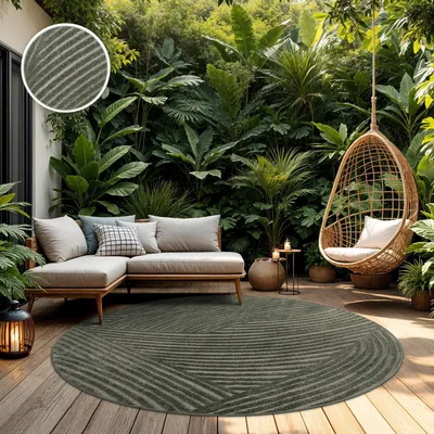 Produktbild von TT Home In-& Outdoorteppich Wetterfest Balkon Schlafzimmer Boho Skandi Motiv Unifarben Geometrische Optik Moderner Style Größe 160 cm Rund