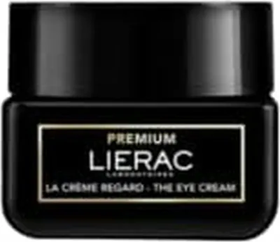 A black jar of Lierac Premium eye cream with gold lettering on a black background.