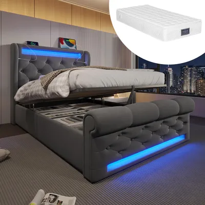 Image de Lit rembourré moderne simple 90 x 200 cm, lit rembourré avec éclairage LED, tête de lit avec espace de rangement et ports USB et Type-C (matelas inclus)