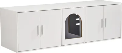 Produktbild von SucceBuy Katzentoilettenschrank, Weiß, 57,9 x 18,3 x 17,9 Zoll (L x B x H), Doppelraum, für 2 Katzen, 12 mm Spanplatte, bis 136 kg belastbar, mit 5 magnetischen Türen, belüftet und stapelbar, KLCB-05
