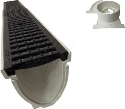 Produktbild von Xanie Entwässerungsrinne V mit Gußrost Klasse C 100cm + Ablaufanschluss-Set horizontal