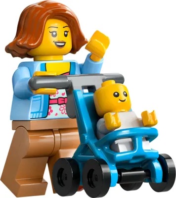 A Lego mother pushing a Lego baby in a stroller.