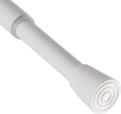 A close-up view of a white adjustable tension rod.