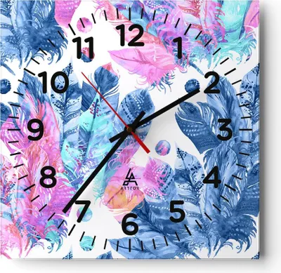 Produktbild von Wanduhr - Quadrat - Glasuhr - Federn Vögel Bunt Komposition - 30x30cm - Schleichendes Uhrwerk - Lautlos - zum Aufhängen bereit - Dekoration Modern - Wanddekoration aus Glas - C4AC30x30-2945