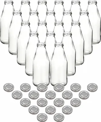 Produktbild von gouveo 20er Set Saftflasche 500 ml mit Schraub-Deckel silberfarben - Kleine Glasflasche 0,5 l mit TO43 Verschluss - Leere Flasche zum Befüllen