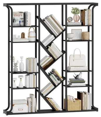 Image de Étagère bibliothèque en forme d'arbre, 6 niveaux, 17 compartiments, noire, dimensions : 24 x 156 x 180 cm