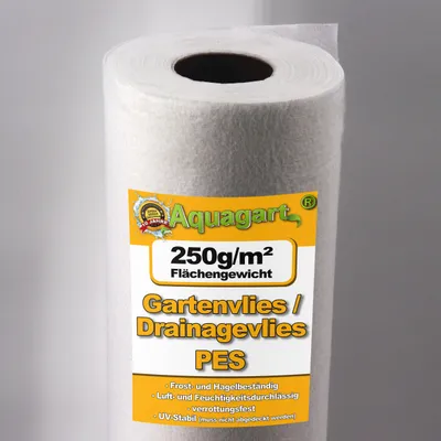 A roll of white geotextile fabric with a label.