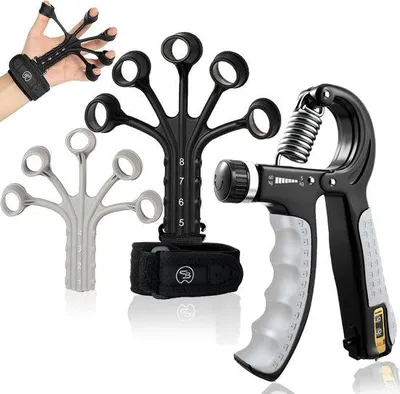 Produktbild von Unyqoos® Handtrainer-Set – verstellbarer Handgrip 5–60 kg, 8-stufiger Silikon-Fingertrainer (schwarz/hellgrau), Unterarm- & Fingermuskel-Training