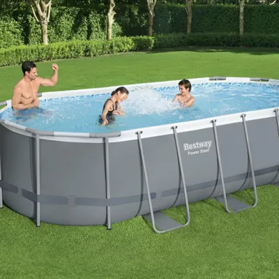 Produktbild von Bestway Oval Power Steel Swimmingpool – 549 x 274 x 122 – Grau – inklusive Pumpe – Leiter – Abdeckung Wartungspaket - Filter - Bodenfliesen