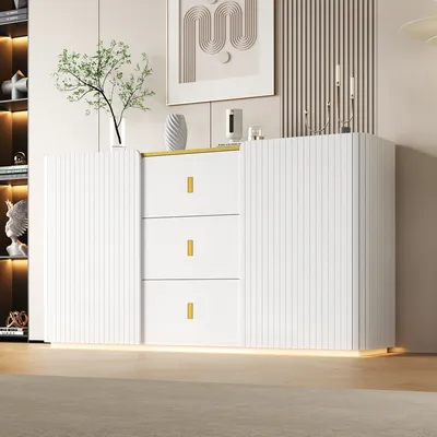 Produktbild von Merax LED Sideboard 150 cm Breite, Multifunktionale Anrichte, Kommode mit 2 Türen und 3 Schubladen, Highboard für Wohnzimmer, Küche, Weiß