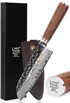 Santoku-Messer 17,8 cm, VG10-Damast, Walnussholzgriff, Lederscheide