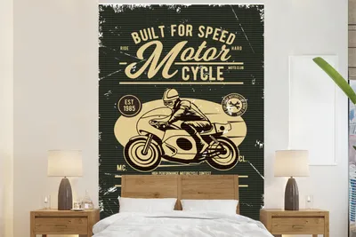 Produktbild von MuchoWow® Fototapete für Wohnzimmer oder Schlafzimmer Wandtapete Vinyl Motivtapete Motorrad - Mann - Retro - 195x300 cm - Das Hintergrundbild