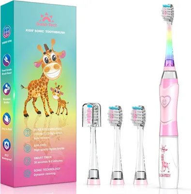 Produktbild von Elektrische Kinderzahnbürste ab 2-12 Jahre mit Regenbogen LED Licht, 24000 Vibrationen, Timer, weiche Borsten, IPX7 wasserdicht