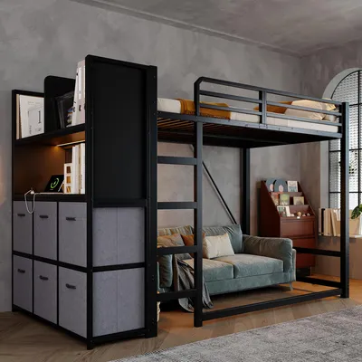 Image de Lit mezzanine 120 x 200 cm en métal avec échelle, rangements latéraux, tiroirs en tissu, étagère ouverte, éclairage, prises et ports USB, noir