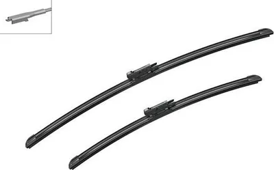 Two black windshield wiper blades are shown against a white background.
