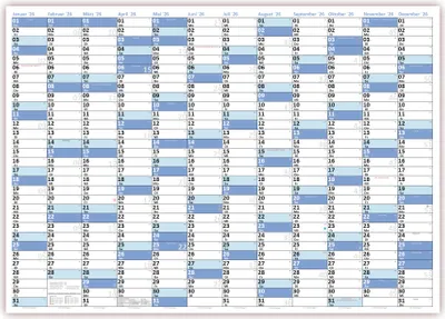 A wall calendar showing a year planner with dates and months.