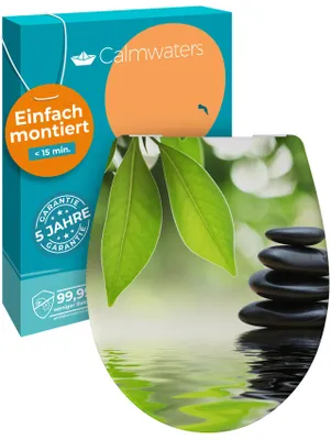 Produktbild von Calmwaters® WC Sitz Motiv Wellness Oase einfache Montage, Toilettendeckel bis 250 kg, EU, antibakterieller Duroplast, Absenkautomatik, 2 Montage Optionen, abnehmbar, Klobrille, oval