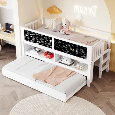 Produktbild von okwish Kinderbett 90x200 Halbhochbett mit Ausziehbett und Graffiti-Tafel,Kinderetagenbett Bettgestell mit Kletterleiter und integrierten Regale,ohne Matratze,weiß