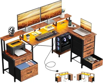 Imagen del producto de Escritorio en forma de L para juegos con iluminación LED y enchufes (2 enchufes de corriente + 1 USB + 1 toma de corriente), escritorio de esquina de 189x100 cm con 6 cajones y soporte para monitor, escritorio de ordenador reversible con espacio de almacenamiento, color marrón vintage, ideal para el teletrabajo