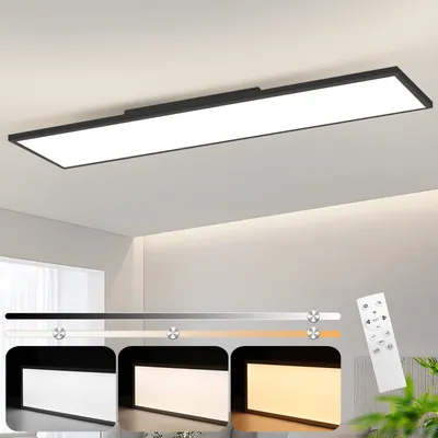 A rectangular LED ceiling light fixture mounted on a white ceiling, with a demonstration of its dimming capabilities shown below.