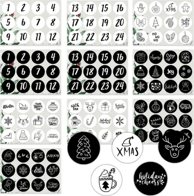 Produktbild von Aufkleber Weihnachten Rund (120 Sticker) Adventskalender Zahlen & Weihnachtsmotive | Schwarz Weiß