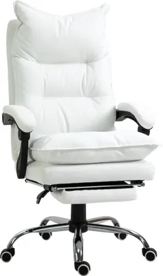 A white ergonomic office chair with a footrest is shown against a white background.