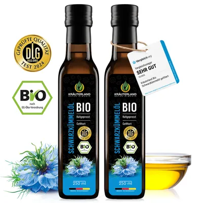Produktbild von Kräuterland Premium Schwarzkümmelöl 2x 250ml gefiltert, kaltgepresst, Europas größte Ölmühle im Online-Handel, 22 Jahre Erfahrung, mühlenfrisch, vegan
