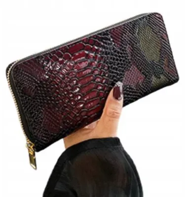 Image de Portefeuille pour femme, grande taille, en simili cuir, 19,5 x 10 cm, motif serpent, couleur bordeaux, avec fermeture éclair