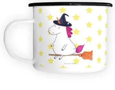 Produktbild von Mr. & Mrs. Panda Pott Einhorn Hexe - Weiß - Geschenk, Einhörner, Camping Tasse, Emaille Kaffeebecher, Engel, Haferl, Frau, Unicorn, Deko, Teetasse, Teufel