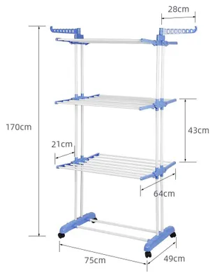 Obrázok produktu pre Sušiak na bielizeň – 4 úrovne na kolieskach – skladací – nerezová oceľ – 64×75×170 cm – veľká kapacita – pre vnútorné aj vonkajšie použitie – modro-biely