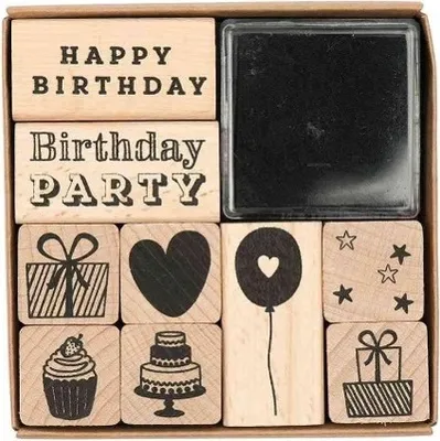 Produktbild von Rico Design Vintage Stempelset Geburtstag, 9 Holzstempel, 1 Stempelkissen, 2x2 cm