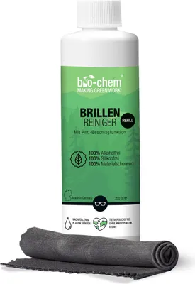 Produktbild von bio-chem Brillenreiniger mit ANTI-BESCHLAG-Funktion, Schutz vor beschlagenen Brillen, Anti-Fog, 250 ml Nachfüllflasche + Premium-Mikrofasertuch/Brillenputztuch