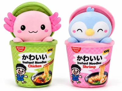 Produktbild von Kawaii Nudelbecher Plüsch Kuscheltier 2er Set 17 cm Axolotl Pinguin