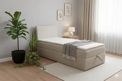 Produktbild von VENASI TILLY MINI Boxspringbett 80x200 Einzelbett mit Bettkasten H2/H3 Matratze BEIGE CORD TILIA