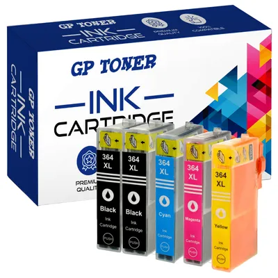 A box of printer ink cartridges with four cartridges displayed in front of it.