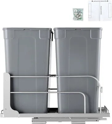 Produktbild von Doppelte Ausziehbare Mülleimer, 35 QT x2 Mülleimer für unter die Theke mit weichen-schließenden Führungen und Schubladenhalter-Set, ideal für Küchen und Ablageflächen (grau)
