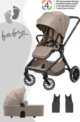A collage showing a baby stroller, a bassinet, and adapters.