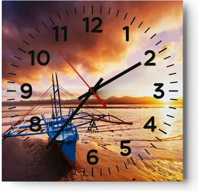 Produktbild von Wanduhr - Quadrat - Glasuhr - Ufer Boot Strand - 30x30cm - Schleichendes Uhrwerk - Lautlos - zum Aufhängen bereit - Dekoration Modern - Wanddekoration aus Glas - C4AC30x30-3905