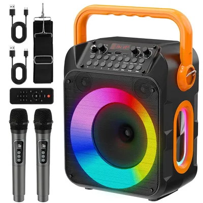 Produktbild von Karaoke Maschine mit 2 Karaoke Mikrofonen, Karaoke Anlage für Erwachsene Kinder - Tragbare Bluetooth Party Karaoke Box - Mikrofon mit PA Lautsprecher