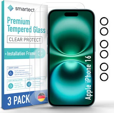 A product package for screen protectors and camera protectors for an iPhone 16, with a promotional image of the phone.