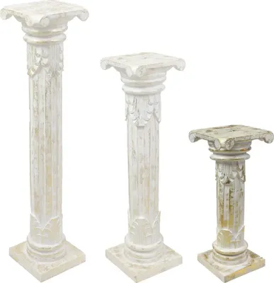 Three decorative pedestals of varying heights, displayed side-by-side against a white background.