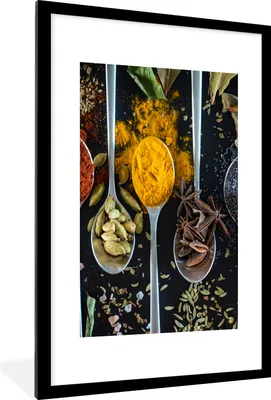 Produktbild von MuchoWow® Gerahmtes Poster Löffel - Gewürze - Lebensmittel - Tisch 60x90 cm - Poster mit Schwarzem Bilderrahmen Wandposter Rahmen Foto Bilder - Dekoration - Wandposter Wohnzimmer - Hochwertig
