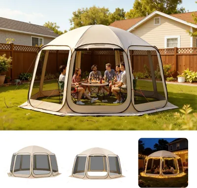 Image de Tente pliante - Tente pop-up - Dimensions : 4,57 x 4,21 x 2,45 m - Pour 12 à 15 personnes - Parois latérales en filet - Sac de transport et sardines - Pour le jardin et la terrasse - Beige