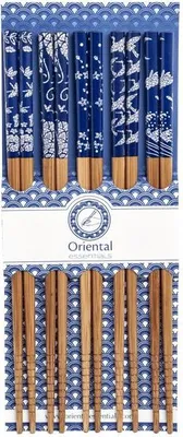 Immagine prodotto di Emro Aziatica | Set di bacchette di legno - 22,5 cm - 5 paia - Con motivi blu - Bacchette riutilizzabili