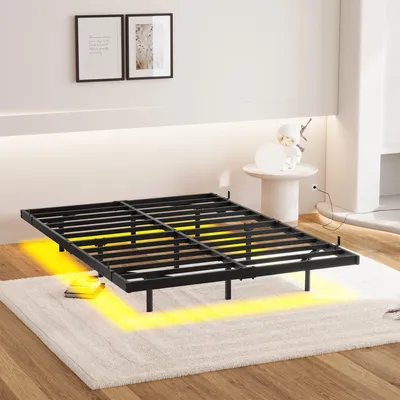 Produktbild von okwish Schwebebett 140x200 Metallbett mit LED-Lichtleiste und USB-Anschlüssen,Bettgestell Jugendbett mit Lattenrost und Standardsteckdosen,Schwarz (ohne Matratze)