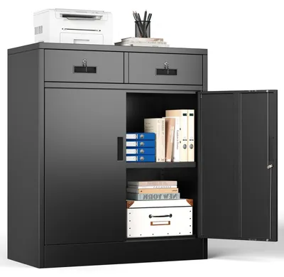 Zdjęcie produktu dla Szafka biurowa - Stalowa - Czarna - 90 x 80 x 40 cm - Zamykana z 2 szufladami
